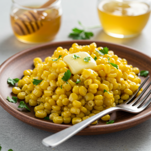 Honey butter skillet corn served on a plate with fresh herbs.