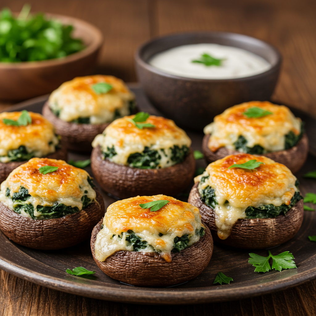 Spinach stuffed mushrooms with creamy filling and melted cheese on a serving platter.