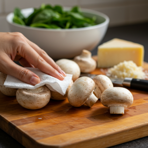 Cleaning mushrooms and removing stems for stuffing preparation.