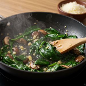 Sautéing spinach, garlic, and mushrooms in a skillet for the stuffing mixture.