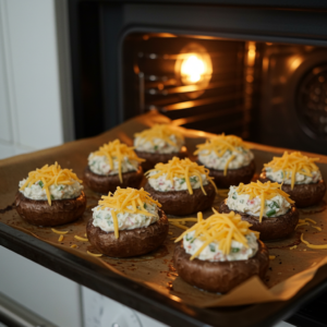 Spinach stuffed mushrooms arranged on a baking sheet, ready for the oven.