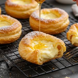 Golden-brown cream cheese puff pastries cooling on a wire rack.