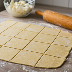 Rolling and cutting puff pastry on a floured surface.