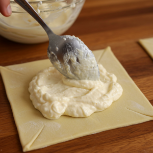 Spoon spreading cream cheese filling onto puff pastry squares.