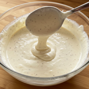 Homemade ranch dressing being whisked in a glass bowl.