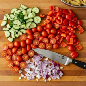 Freshly chopped cherry tomatoes, cucumbers, bell peppers, and onions for pasta salad.