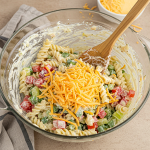 Tossing creamy ranch pasta salad in a large mixing bowl.