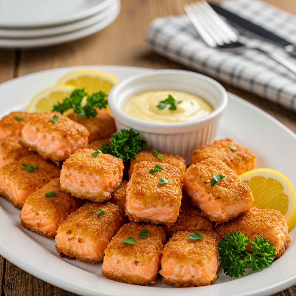 Crispy oven-baked salmon bites served with lemon wedges and dipping sauce.