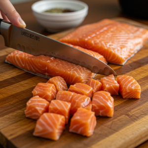 Fresh salmon fillets being cut into bite-sized pieces for baking.