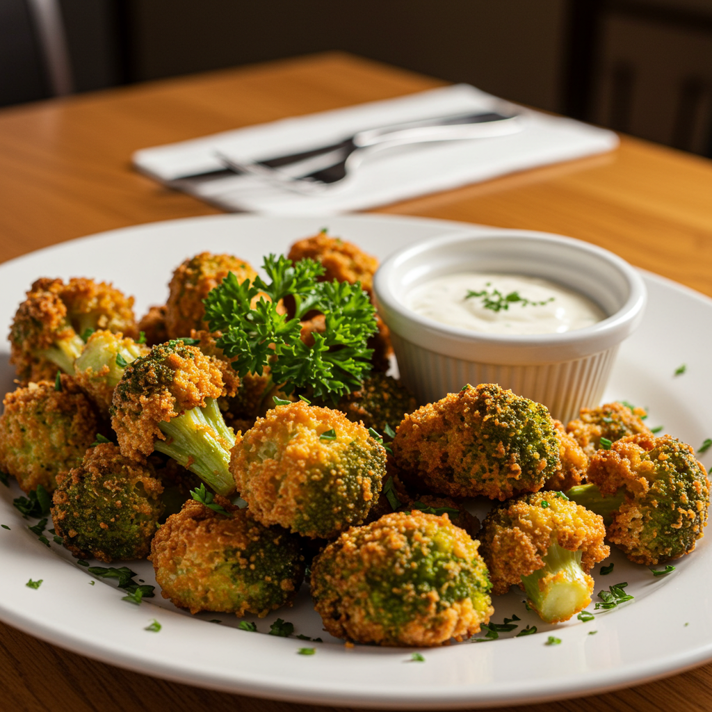 Crispy broccoli bites with a golden crust served with ranch dressing.