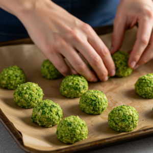 Shaping broccoli bites before baking.