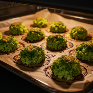 Broccoli bites baking in the oven, turning golden brown.