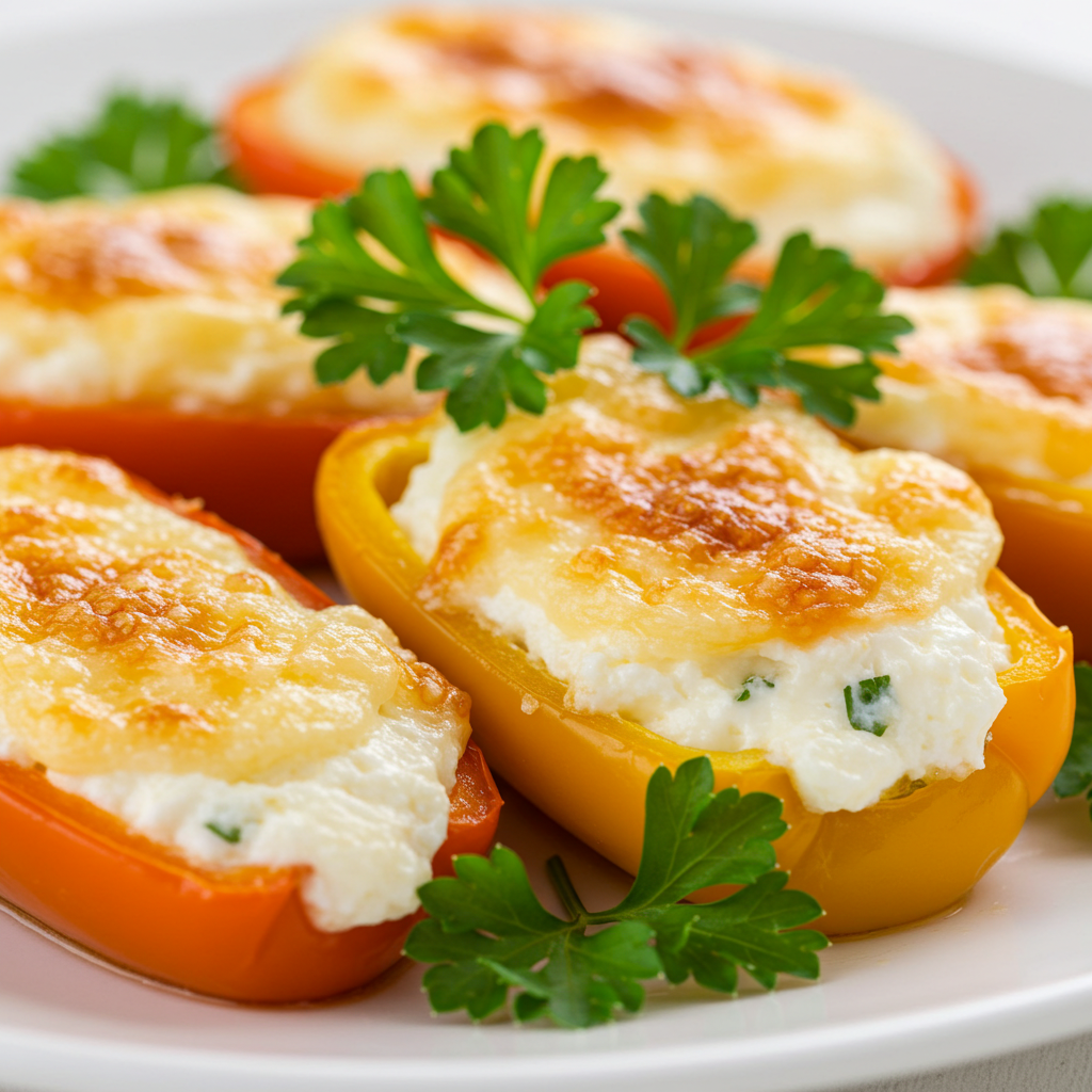 Cream cheese stuffed mini peppers baked to perfection with melted cheese.