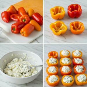 Preparing mini sweet peppers by cutting and filling them with cream cheese.