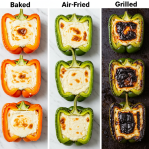 Baked, air-fried, and grilled cream cheese stuffed peppers on a tray.