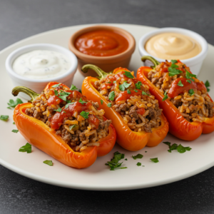 Cream cheese stuffed peppers served with ranch, buffalo sauce, and garlic aioli.