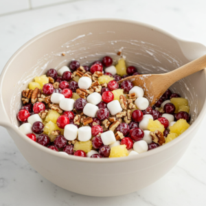 Mixing cranberries, marshmallows, and pineapple for cranberry fluff salad.