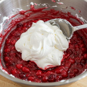 Whipped topping being folded into cranberry marshmallow salad mixture.