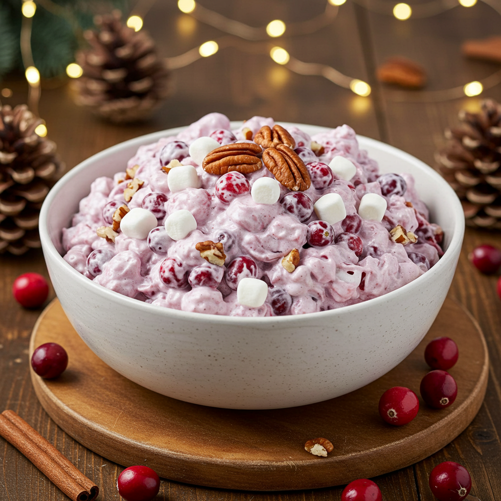 Festive cranberry marshmallow fluff salad in a bowl, garnished with pecans and fresh cranberries.