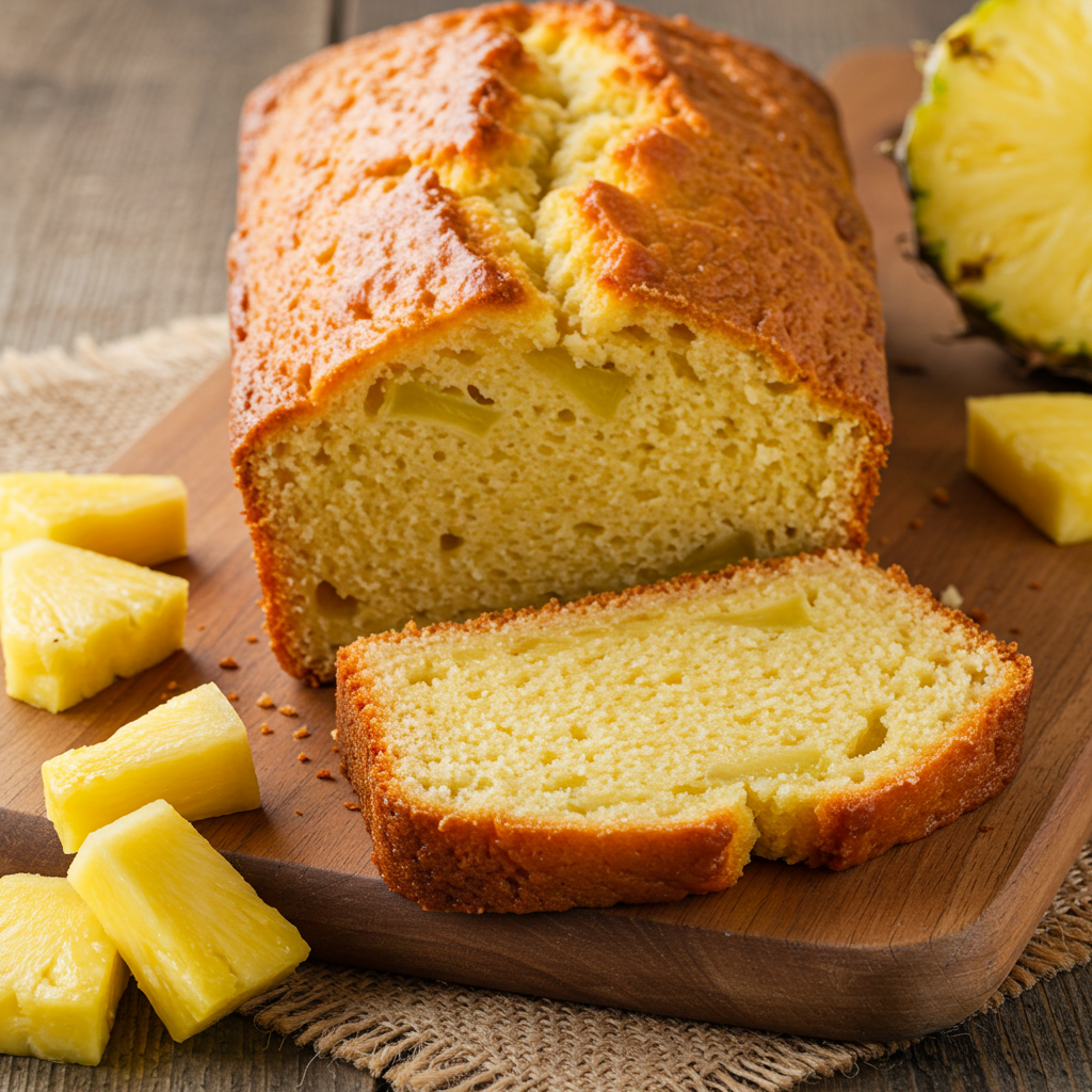 Moist homemade pineapple bread with fresh pineapple chunks on a wooden board.