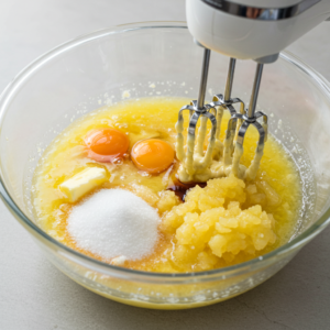 Mixing wet ingredients for pineapple bread, including butter, sugar, eggs, and pineapple.