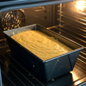 Pineapple bread batter in a loaf pan inside the oven, baking to golden perfection.