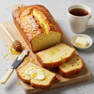 Freshly sliced pineapple bread served with butter and honey drizzle.