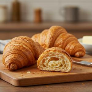 Freshly toasted croissants sliced in half, ready for assembly.