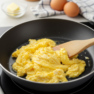 Soft and creamy scrambled eggs cooking in a skillet with melted butter.