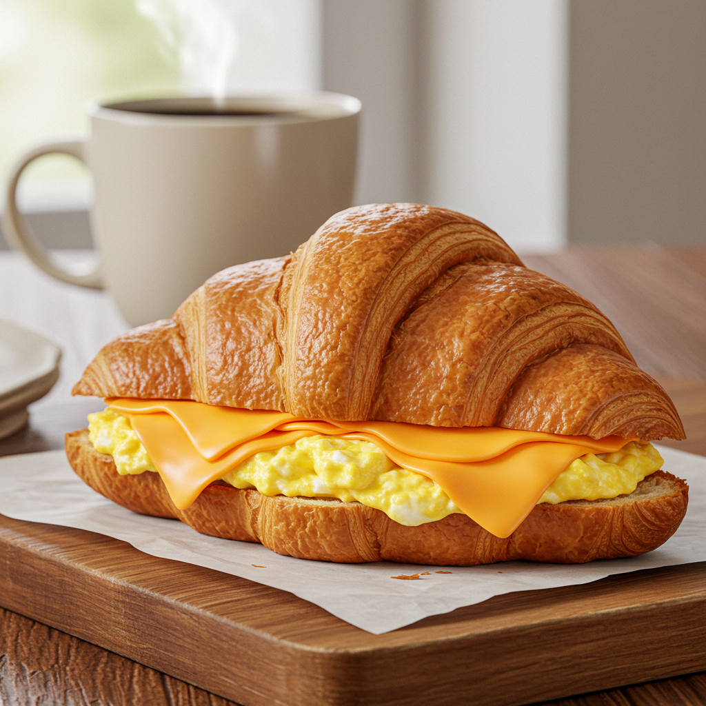 Golden, flaky croissant filled with scrambled eggs and melted cheddar cheese on a wooden board.