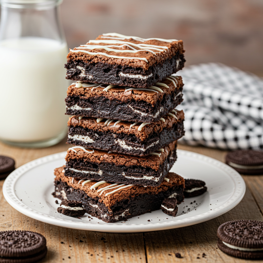 Fudgy cookies and cream brownies with Oreo chunks and white chocolate drizzle.