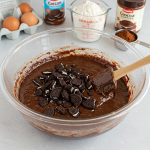 Thick brownie batter mixed with crushed Oreo cookies in a glass bowl.