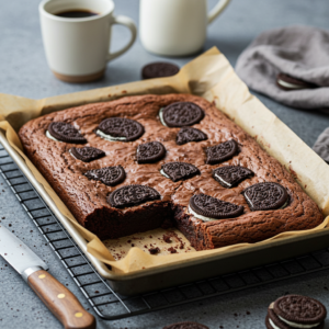 Freshly baked cookies and cream brownies with a cracked top and Oreo chunks.