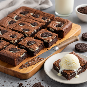 Freshly sliced cookies and cream brownies with a fudgy interior and Oreo chunks.