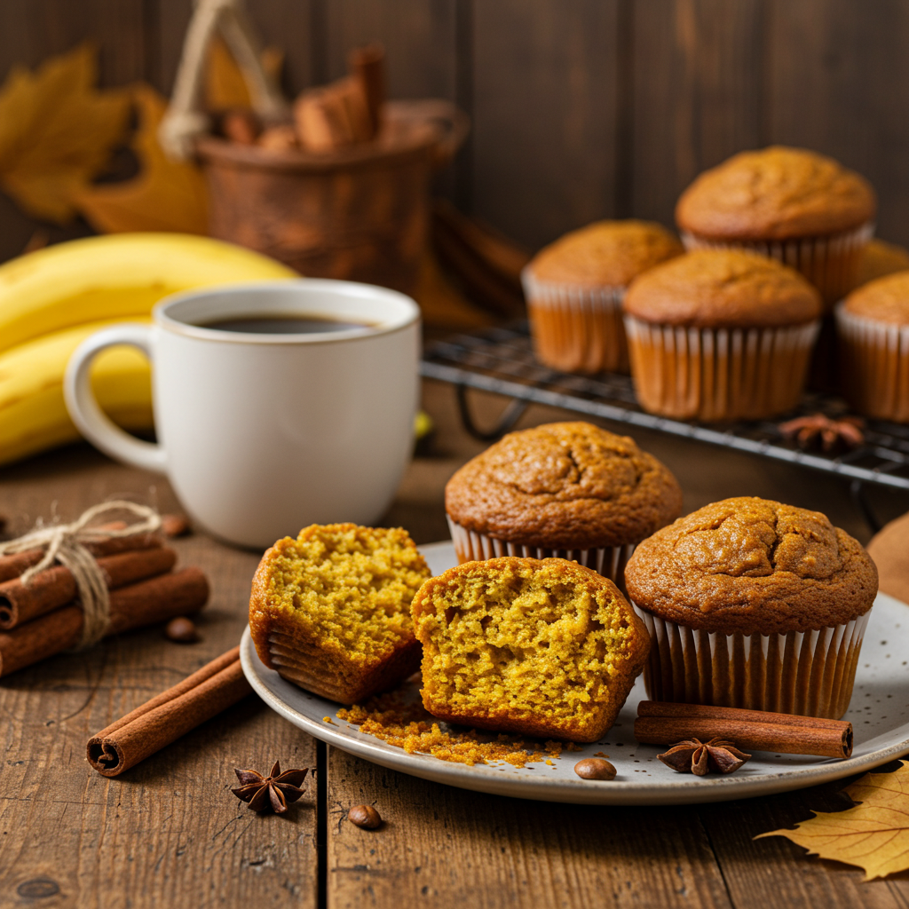 Freshly baked pumpkin banana muffins on a wooden table.