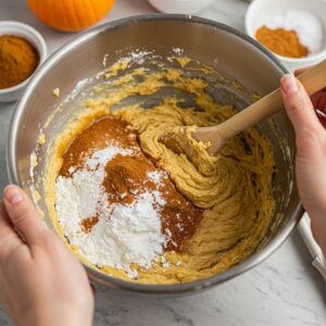 Folding dry ingredients into pumpkin banana muffin batter.