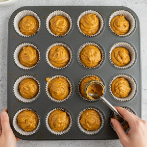 Scooping pumpkin banana muffin batter into a lined muffin tin.