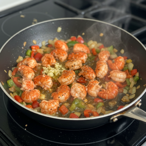 Sautéed crawfish tails with onions, peppers, and Cajun seasoning cooking in a skillet.