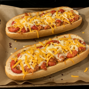 French bread loaf sliced open and brushed with garlic butter before filling.