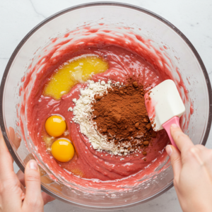 Mixing red velvet brownie batter in a bowl with cocoa powder and flour being folded in.