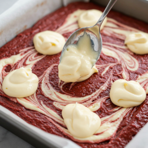 Swirling cream cheese into red velvet brownie batter for a marbled effect.