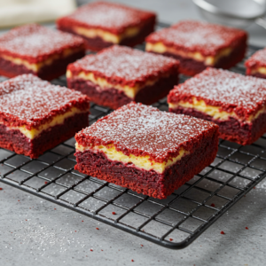 Freshly baked red velvet brownies cooling on a wire rack, sliced into perfect squares.