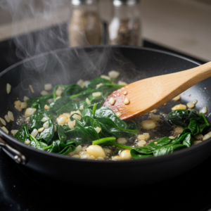 Sautéing onions, garlic, and spinach for crab and spinach dip