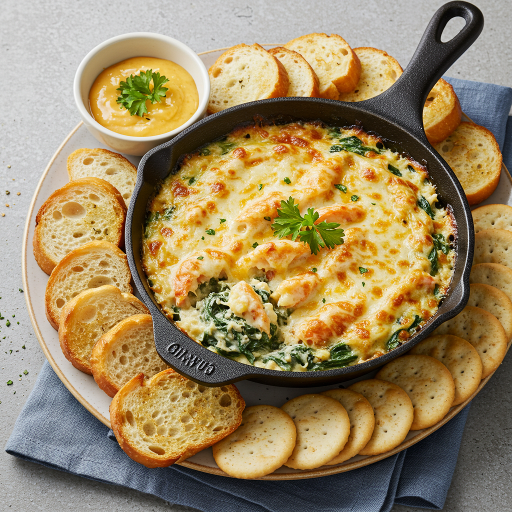 Cheesy crab and spinach dip served with toasted bread