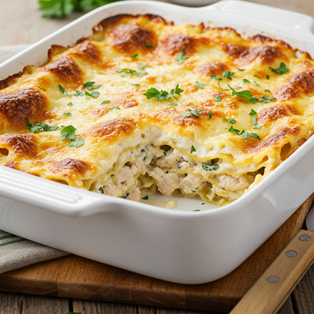 Creamy Alfredo lasagna with golden cheese topping in a white baking dish