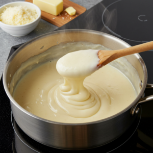 Thick and creamy Alfredo sauce being stirred in a saucepan