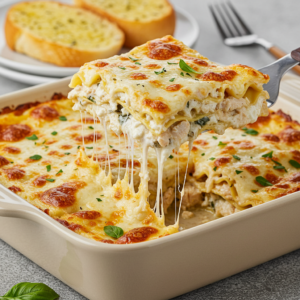 A slice of creamy Alfredo lasagna being served with melted cheese