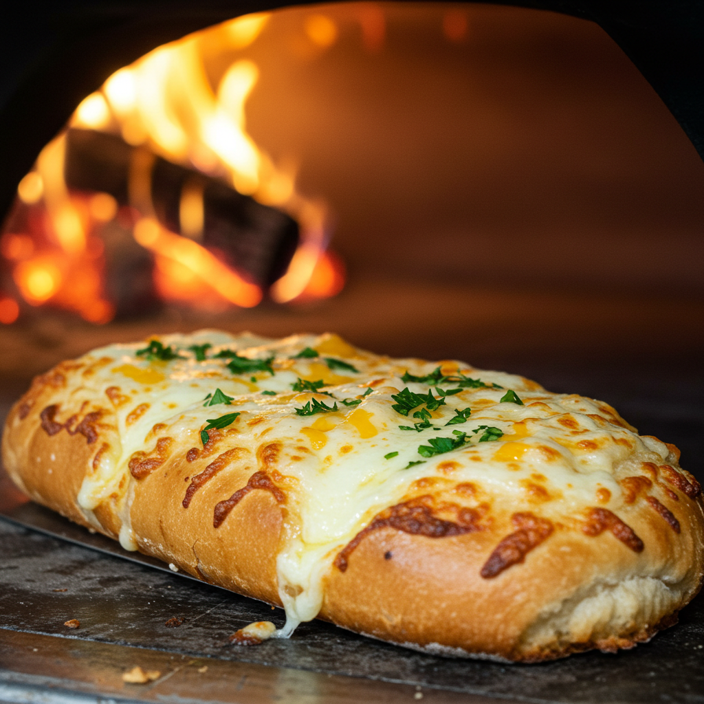 Garlic cheese bread in a wood-fired pizza oven with melted cheese and golden crust.