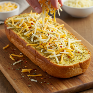 Sliced bread topped with garlic butter and shredded cheese before baking.