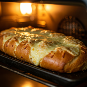 Garlic cheese bread baking in a wood-fired pizza oven with a golden crust.